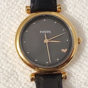Vintage Fossil Women's Gold Tone Watch Black Mother Pearl Dial Leather Band SS